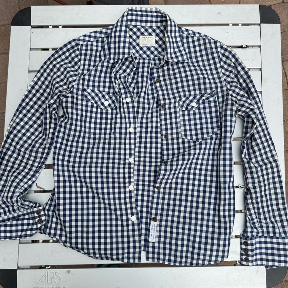rag & bone Navy and White Gingham Button-Down Shirt Size 0